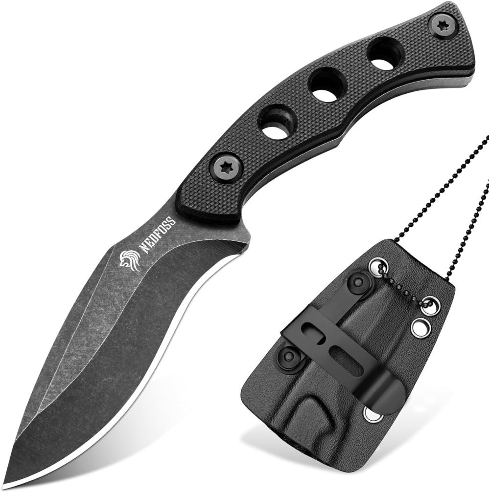 Couteau fixe EDC petit Squirrel, couteau de cou de 2,7 pouces avec poignée G10 et étui en Kydex, clip de ceinture ajustable pour transport vertical et horizontal, couteau utilitaire à pleine soie, mini couteau kukri avec dragonne en chaîne – noir stonewashed. | Couteaux