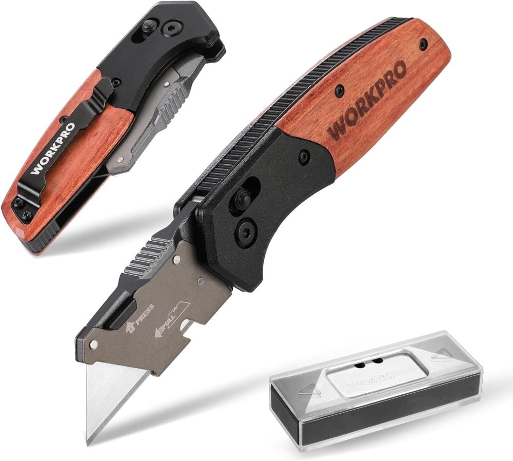 Couteau utilitaire pliant, couteau à lame de rasoir avec verrouillage à axe, cutter à lame interchangeable rapide, couteau de poche pliable avec poignée en bois EDC, 10 lames SK5 supplémentaires incluses. | Couteaux