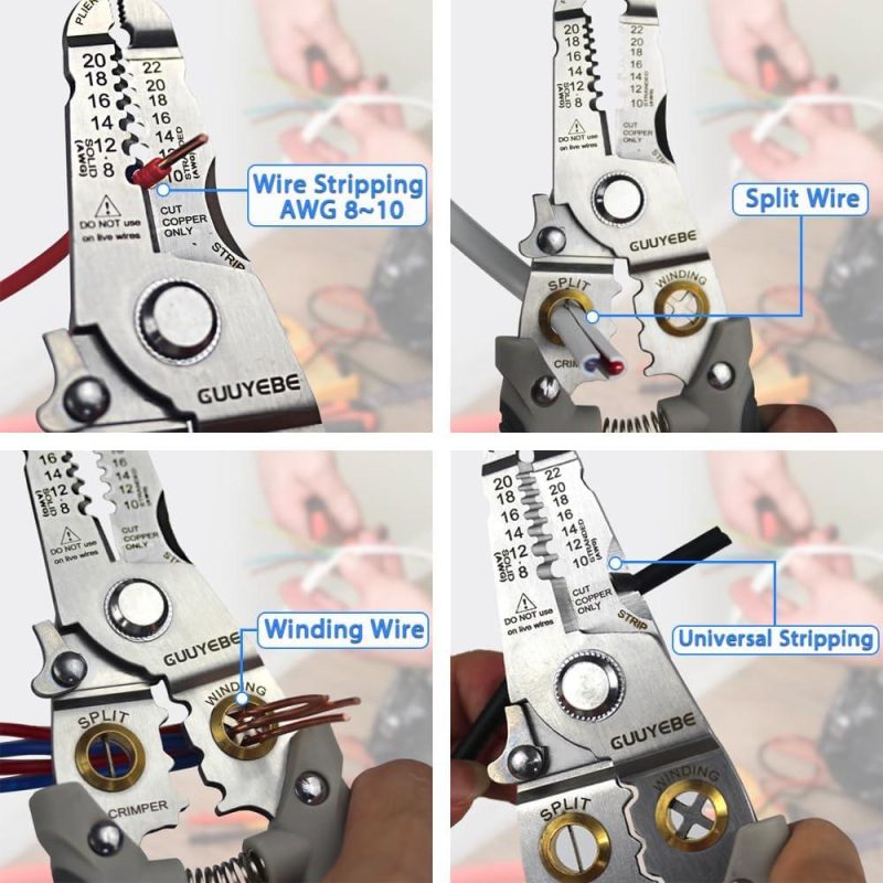 Dénudeur de fils, Dénudeurs de fils multifonctionnels électriques avec coupes 8 10 12 14 16 18 20 22 AWG, Pince coupeuse, Épissure, Outil de sertissage pour électriciens et bricolage, Gris | Pince à Découper Sur le Côté