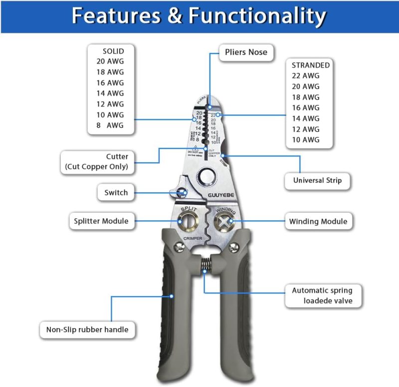 Dénudeur de fils, Dénudeurs de fils multifonctionnels électriques avec coupes 8 10 12 14 16 18 20 22 AWG, Pince coupeuse, Épissure, Outil de sertissage pour électriciens et bricolage, Gris | Pince à Découper Sur le Côté
