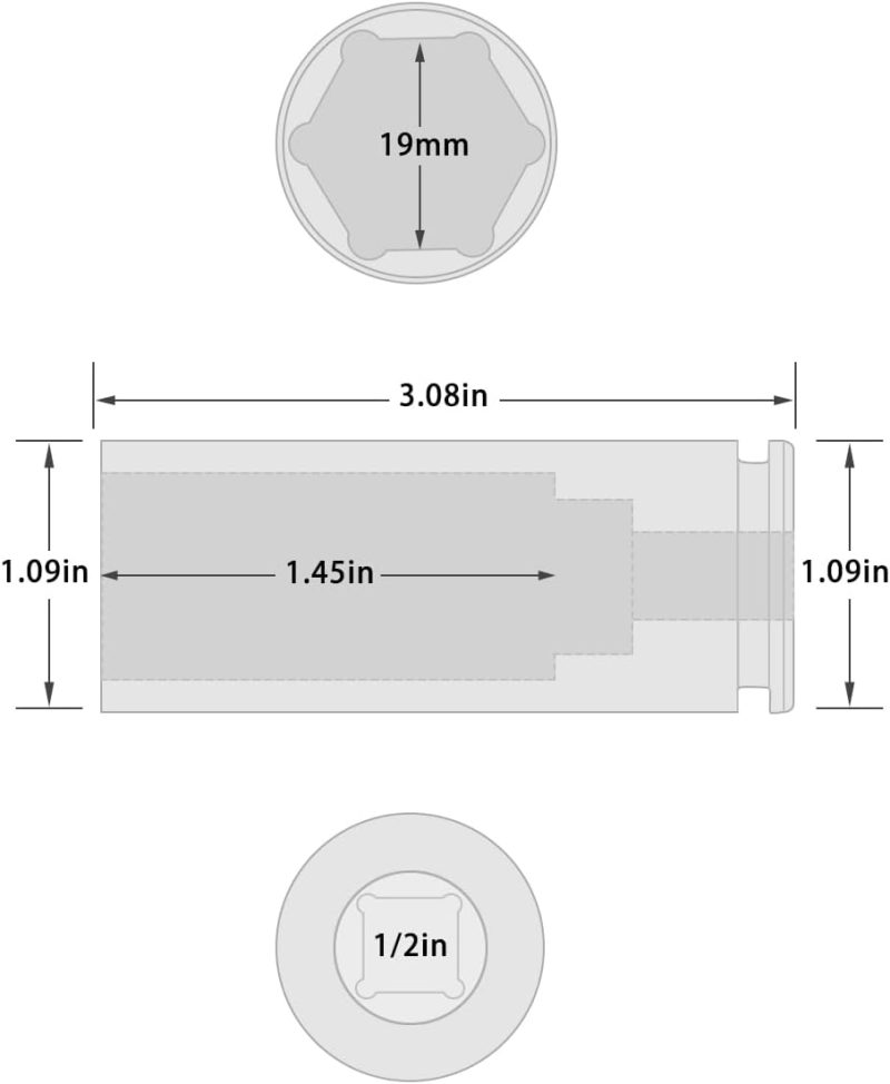 Douille à chocs profonde de 19 mm à 6 points pour entraînement de 1/2 pouce, Cr-Mo, douille pour écrou d’essieu à 6 points de 1/2 pouce pour un retrait facile des écrous de l’arbre d’essieu (19 mm) | Douilles à Entraînement Individuel