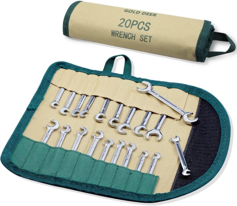 Ensemble de 20 clés à molette mini doubles ouvertes, standard métrique et SAE 5/32"-7/16" & 4-11 mm, clés à fourche extra fines à angle avec pochette de rangement, ensemble de clés à molette doubles, ensemble de clés d’allumage. | Ouvertes