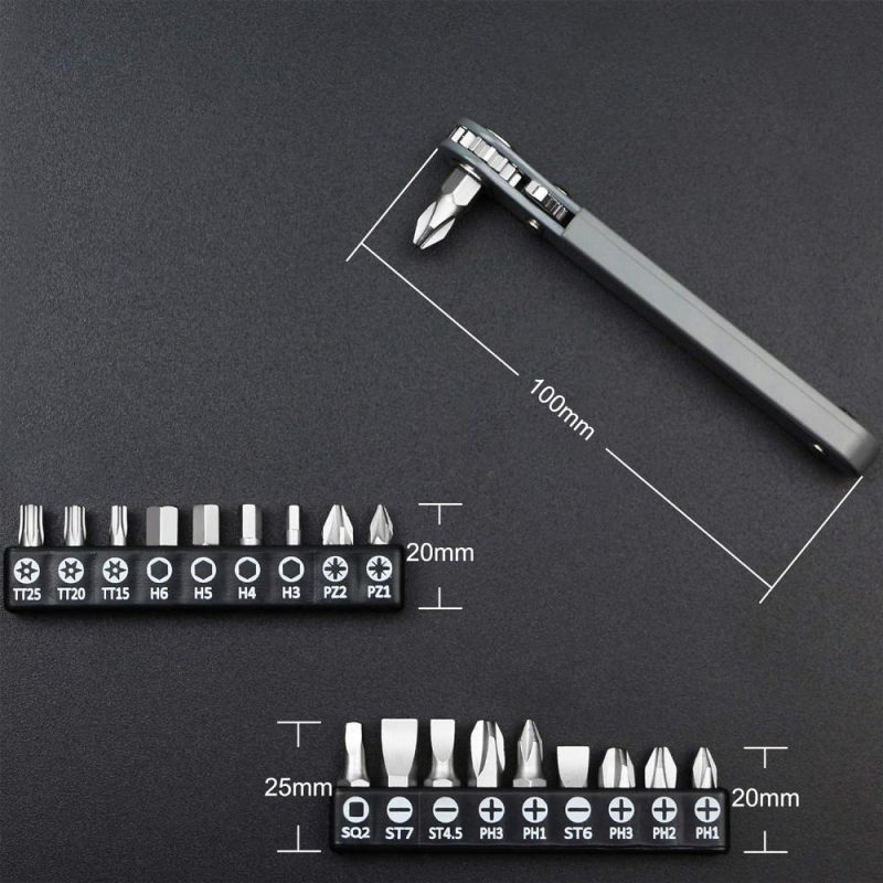 Ensemble de 20 pièces de clé à cliquet mini ultra basse profil 1/4, tournevis pour espaces étroits avec couple élevé – outil EDC à angle droit avec poignée d’entraînement réversible décalée de 90 degrés et ensemble de bits hexagonaux multiples. | Sets de Tournevis