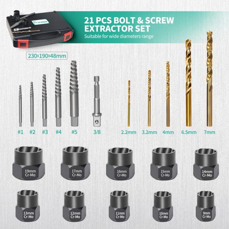 Ensemble de 21 pièces d’extracteurs de boulons et de vis et de forets, ensemble d’extracteurs de vis endommagées, outil de retrait de boulons et d’écrous et outil de retrait d’écrou de roue à verrouillage, extraction facile des écrous de roue cassés, outil à douille pour vis usées. | Extracteurs de Tarauds
