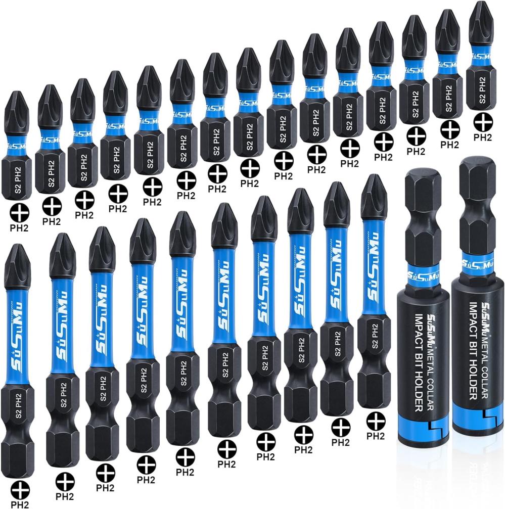 Ensemble de 27 pièces de mèches Phillips #2 Impact de 1" et 2" de long, mèches de perçage magnétiques fortes anti-dérapantes de 1/4 pouce avec emmanchement hexagonal en acier allié S2, ensemble de mèches de vis à chocs Ph2 avec porte-mèche magnétique pour perceuse électrique. | Sets de Tournevis