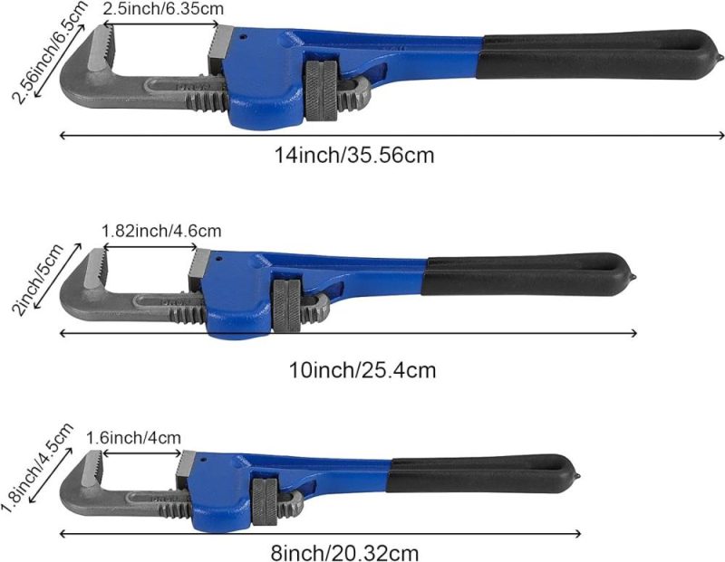 Ensemble de 3 clés à molette de plombier lourdes, 8", 10", 14" avec traitement thermique, clé à pipe droite réglable avec prise douce pour réparations de plomberie domestiques. | Clé à Pipe