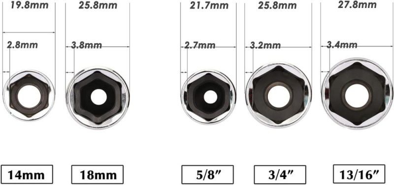 Ensemble de 5 pièces de douilles à bougie 3/8", Cr-V, SAE et métrique, ensemble de douilles 6 points 3/8". | Couples à Douille et Jeux de Clés à Douille