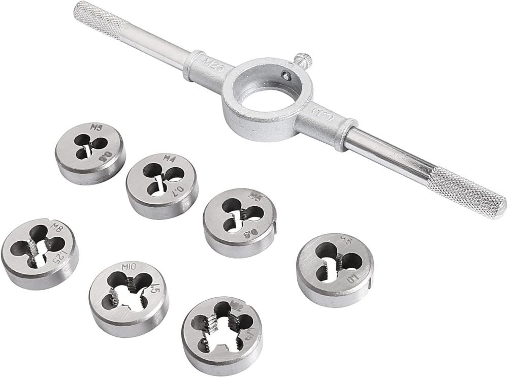 Ensemble de 8 pièces de clé à molette avec manche rond, filières métriques M3 M4 M5 M6 M8 M10 M12 et support de filière de 25 mm (1") pour réparation de filetage de boulon. | Filières de Filetage