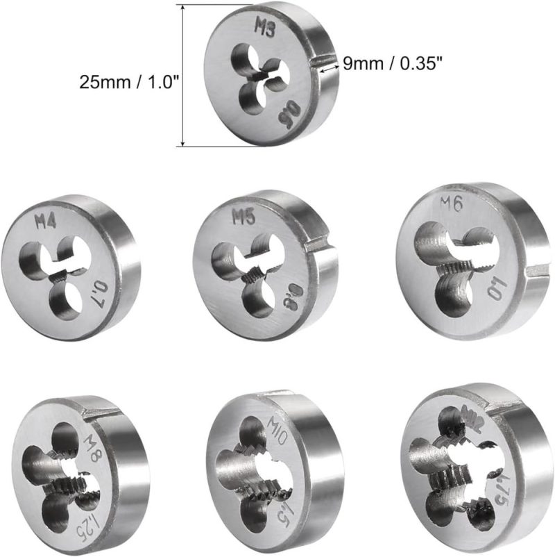 Ensemble de 8 pièces de clé à molette avec manche rond, filières métriques M3 M4 M5 M6 M8 M10 M12 et support de filière de 25 mm (1") pour réparation de filetage de boulon. | Filières de Filetage