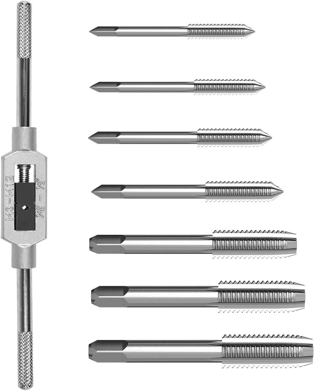 Ensemble de 8 pièces de fil métrique, ensemble de fil et matrice, ensemble de fil à vis à main, ensemble de perceuse à filetage à vis à mini prise métrique M3 M4 M5 M6 M8 M10 M12 avec outil de clé à molette réglable 1/16-1/2". | Filières de Filetage