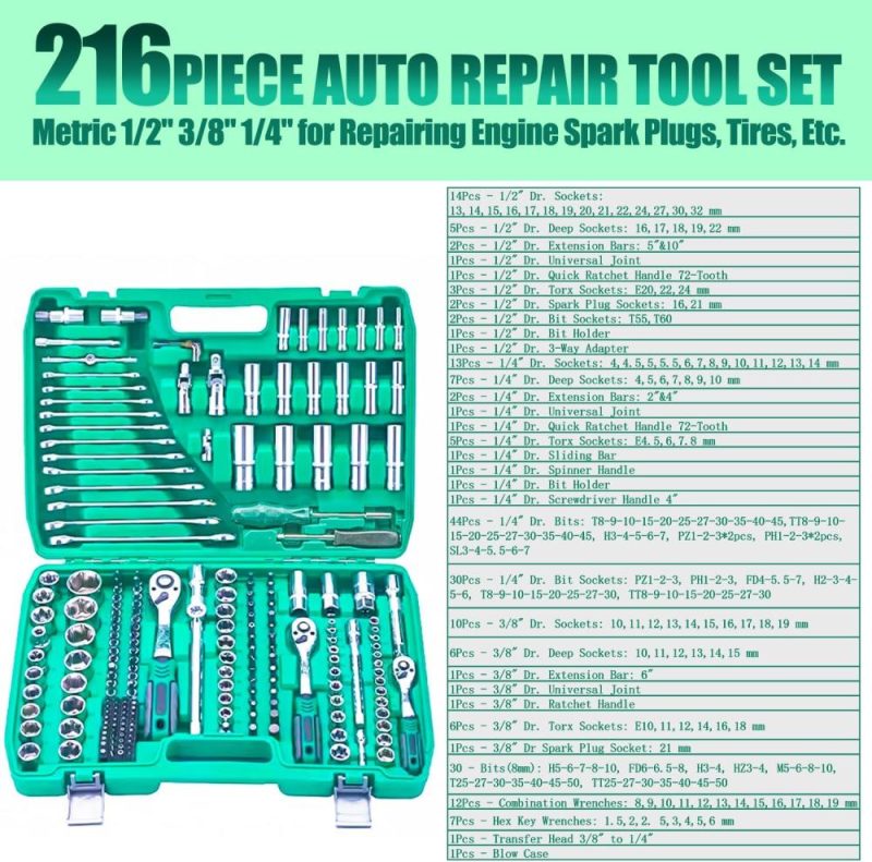 Ensemble de clé à cliquet de 216 pièces 1/4", 3/8" et 1/2" avec ensemble de douilles, poignée de clé à cliquet à 72 dents, ensemble d’outils mécaniques métriques pour la réparation automobile et l’utilisation à domicile. | Couples à Douille et Jeux de Clés à Douille