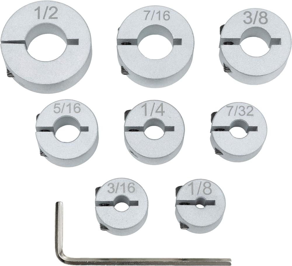 Ensemble de colliers de butée en aluminium – Butée de profondeur pour foret – Design supérieur à anneau fendu – Ensemble de 8 pièces (1/2", 7/16", 3/8", 5/16", ¼", 7/32", 3/16", 1/8") – Support de foret | Étaux