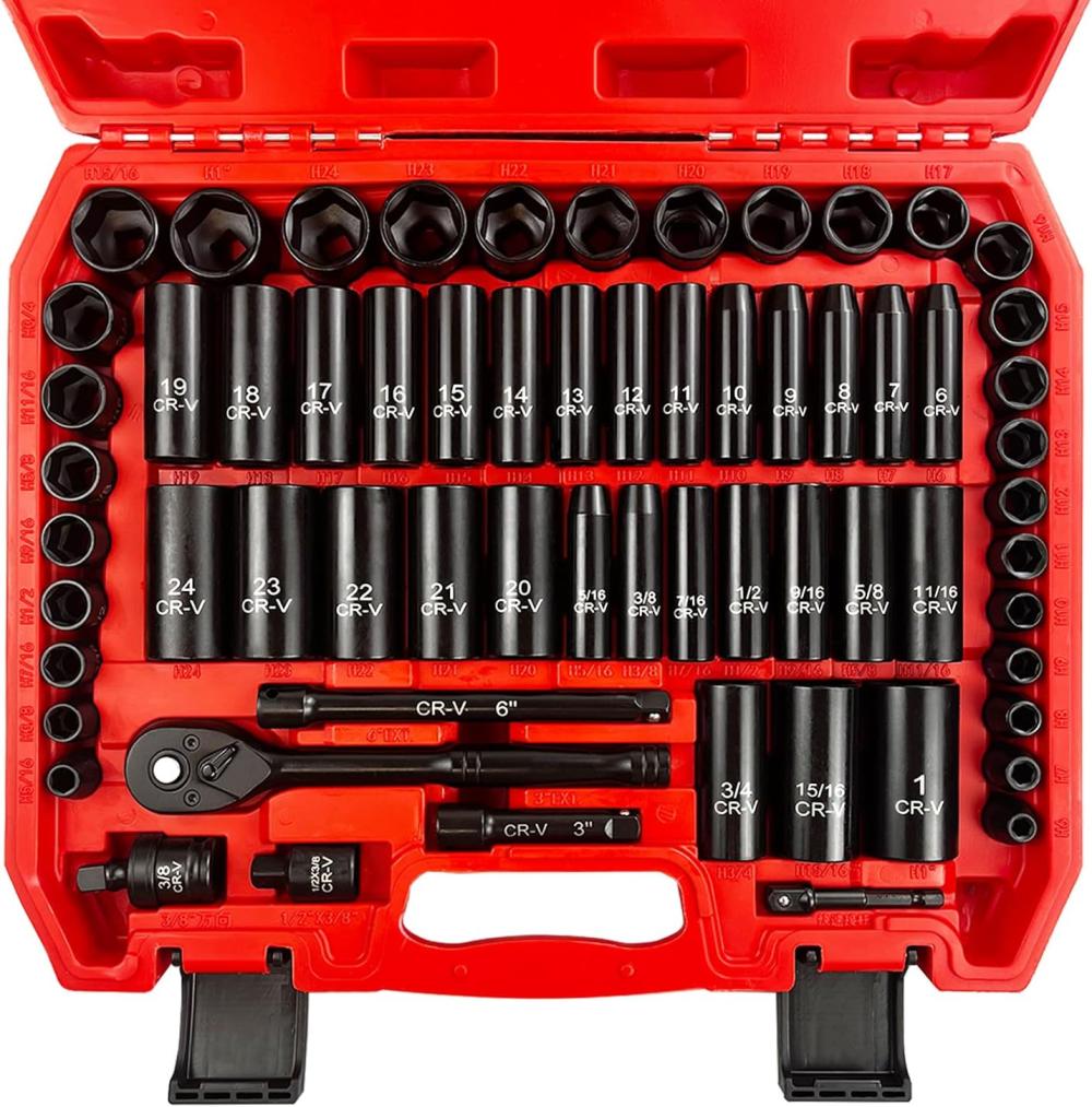 Ensemble de douilles 64 pièces 3/8", ensemble de douilles à impact, SAE/Métrique, profondes et peu profondes, acier Cr-V, 6 points avec adaptateurs, poignée à cliquet 72 dents, barres d’extension, adaptateur de bits, 6-24 mm, 5/16-1 pouce. | Groupes de Douilles