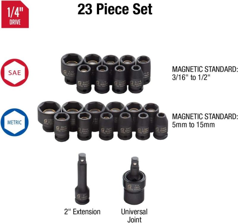 Ensemble de douilles à impact magnétiques fractionnelles et métriques 1818, 1/4 pouce, pouce/métrique, standard, 6 points, Cr-Mo, 3/16 pouce – 1/2 pouce, 5 mm – 15 mm, 23 pièces | Couples à Douille et Jeux de Clés à Douille