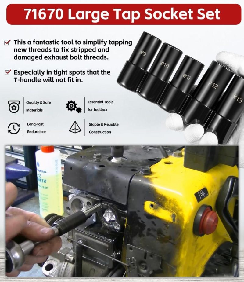 Ensemble de douilles à taraud 71670 pour tarauds de 5/8", 11/16", 3/4", 7/8" et 1", entraînement 1/2", adaptateur de douille à taraud pour tarauds plus grands, ensemble de clés à douille pour tarauds 9 10 11 12 13 conforme à la norme M.C.T.I. | Couples à Douille et Jeux de Clés à Douille