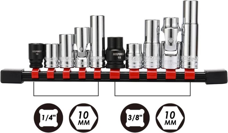 Ensemble de douilles de 10 pièces 1/4" et 3/8" de 10 mm à 6 points, ensemble de douilles de 10 mm, douille magnétique, joint universel, douille profonde et standard. | Couples à Douille et Jeux de Clés à Douille