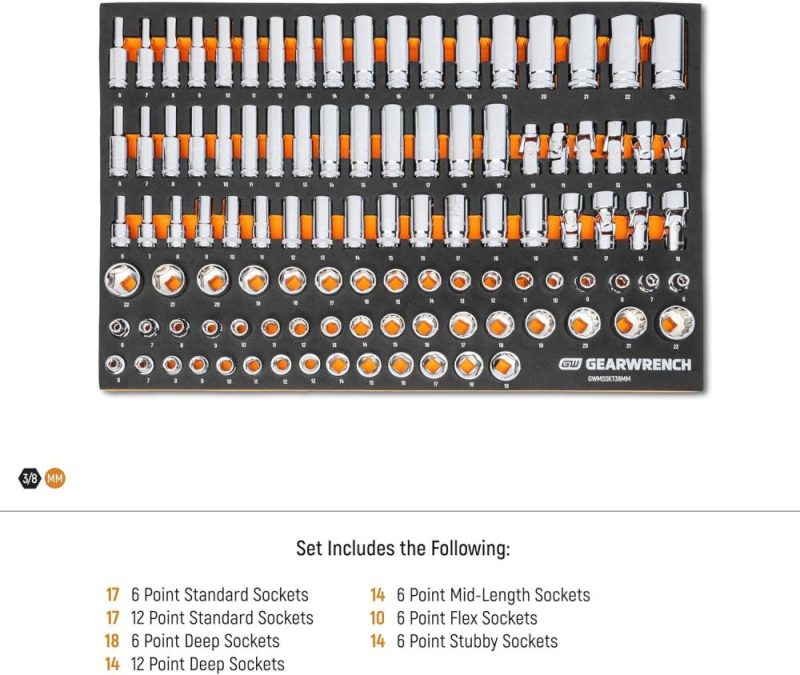 Ensemble de douilles métriques master de 104 pièces avec prise de 3/8" dans un plateau de rangement en mousse – Gwmsskt38Mm | Couples à Douille et Jeux de Clés à Douille