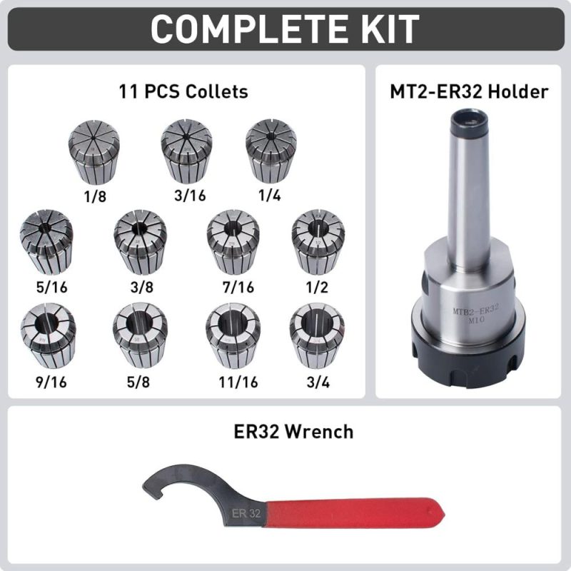 Ensemble de mandrins à collet Mt2 Er32 avec 11 pièces de collets Er32, 1 pièce de porte-outil à tige Bridgeport Mt2 et 1 clé. | Collets