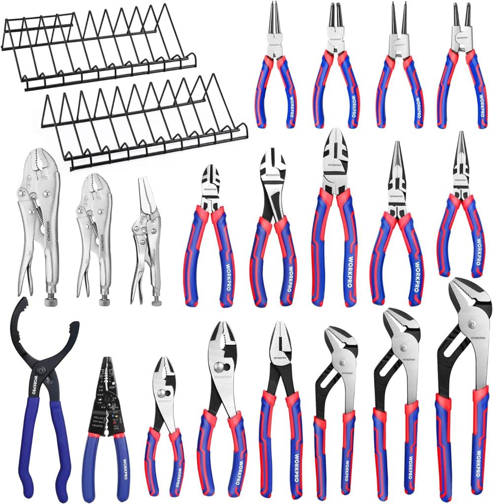 Ensemble de pinces, assortiment complet de 20 pièces de pinces avec support de rangement pour 2 pinces, s’adapte parfaitement au tiroir de la boîte à outils ou au coffre à outils, idéal comme cadeau pour les fêtes, la fête des pères et Noël. | Pinces-étaux et Pinces de Blocage