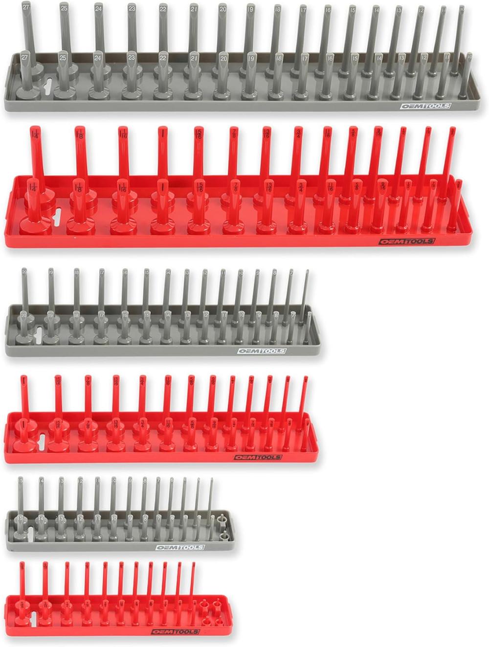 Ensemble de plateaux de douilles SAE et métriques de 6 pièces, rangement de douilles SAE et métriques pour tailles 1/4", 3/8" et 1/2", supports de douilles et plateau organiseur de douilles pour boîte à outils, rouge/gris | Couples à Douille et Jeux de Clés à Douille