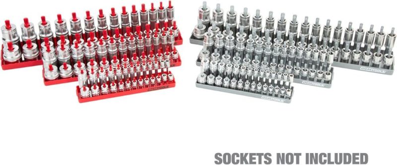 Ensemble de plateaux de douilles SAE et métriques de 6 pièces, rangement de douilles SAE et métriques pour tailles 1/4", 3/8" et 1/2", supports de douilles et plateau organiseur de douilles pour boîte à outils, rouge/gris | Couples à Douille et Jeux de Clés à Douille