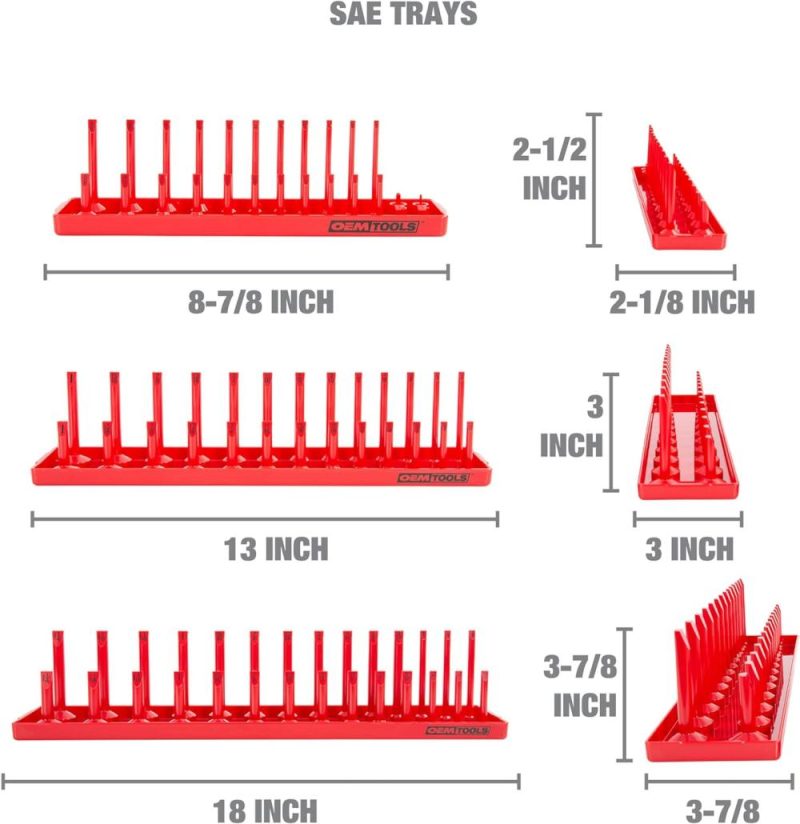 Ensemble de plateaux de douilles SAE et métriques de 6 pièces, rangement de douilles SAE et métriques pour tailles 1/4", 3/8" et 1/2", supports de douilles et plateau organiseur de douilles pour boîte à outils, rouge/gris | Couples à Douille et Jeux de Clés à Douille