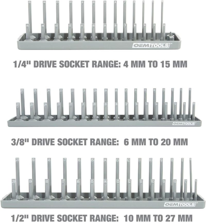 Ensemble de plateaux de douilles SAE et métriques de 6 pièces, rangement de douilles SAE et métriques pour tailles 1/4", 3/8" et 1/2", supports de douilles et plateau organiseur de douilles pour boîte à outils, rouge/gris | Couples à Douille et Jeux de Clés à Douille