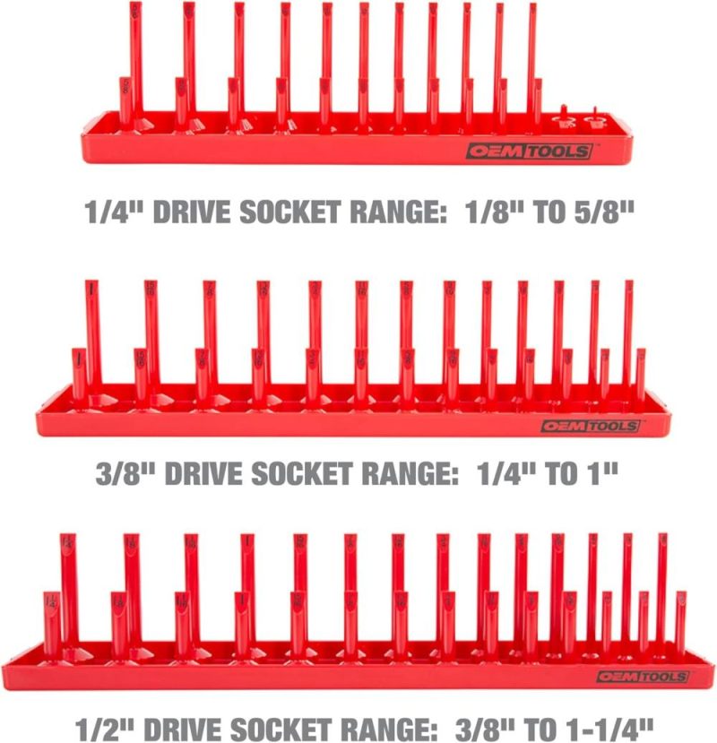 Ensemble de plateaux de douilles SAE et métriques de 6 pièces, rangement de douilles SAE et métriques pour tailles 1/4", 3/8" et 1/2", supports de douilles et plateau organiseur de douilles pour boîte à outils, rouge/gris | Couples à Douille et Jeux de Clés à Douille