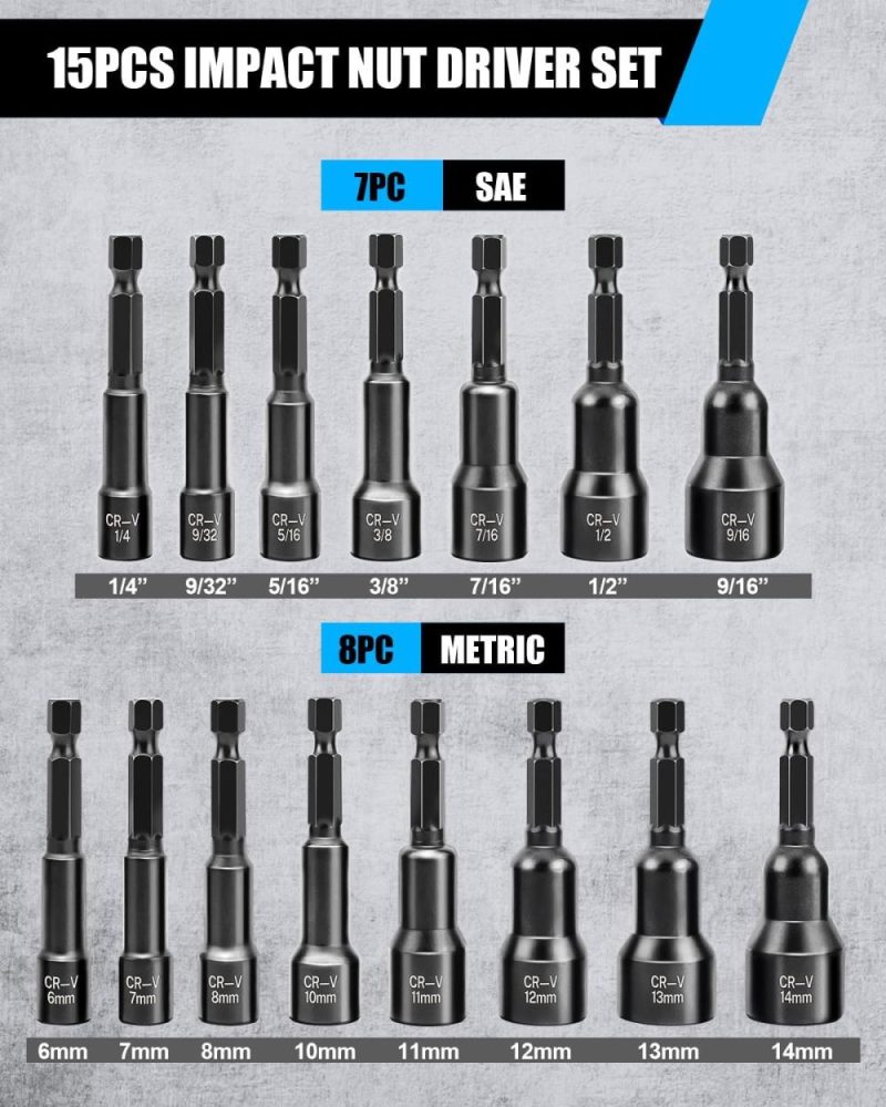 Ensemble de tournevis à douille magnétique Vicring de 15 pièces, ensemble de tournevis à douille à impact, SAE (1/4" à 9/16") et métrique (6-14 mm) | Acier au chrome vanadium | Emmanchement hexagonal de 1/4" | Noir | Tourne-écrous