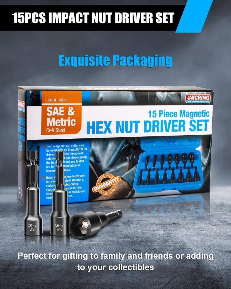 Ensemble de tournevis à douille magnétique Vicring de 15 pièces, ensemble de tournevis à douille à impact, SAE (1/4" à 9/16") et métrique (6-14 mm) | Acier au chrome vanadium | Emmanchement hexagonal de 1/4" | Noir | Tourne-écrous