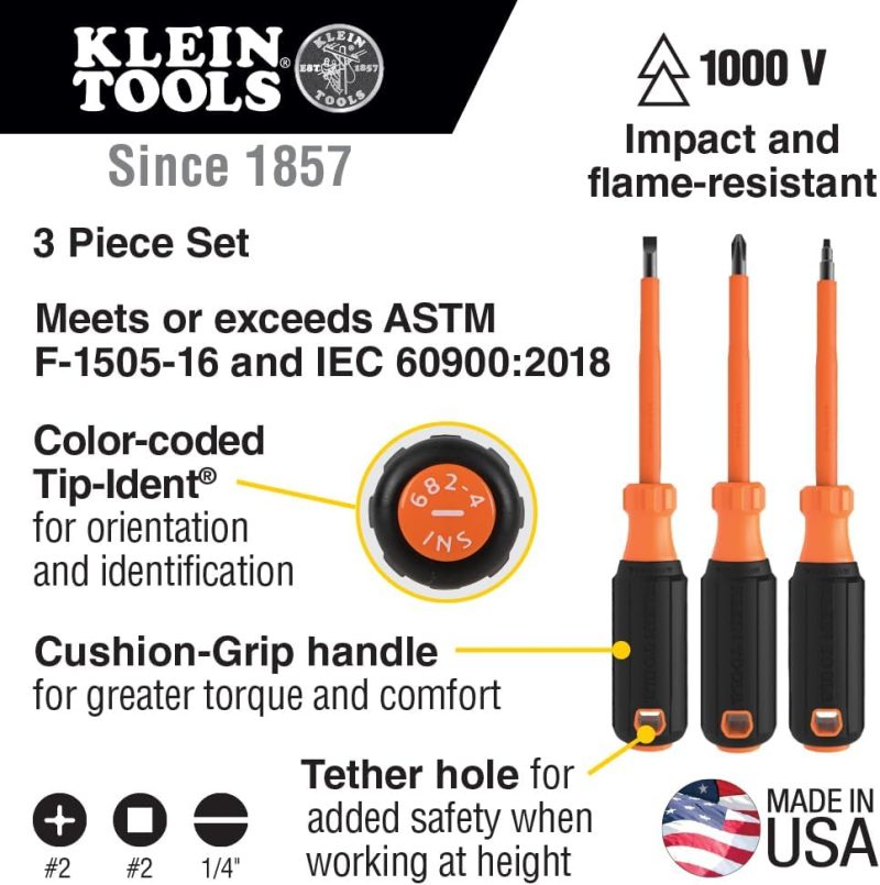 Ensemble de tournevis isolés 85073 Ins comprenant des embouts Phillips, fendus et carrés de 1000V, avec des poignées à prise confortable, 3 pièces. | Sets de Tournevis