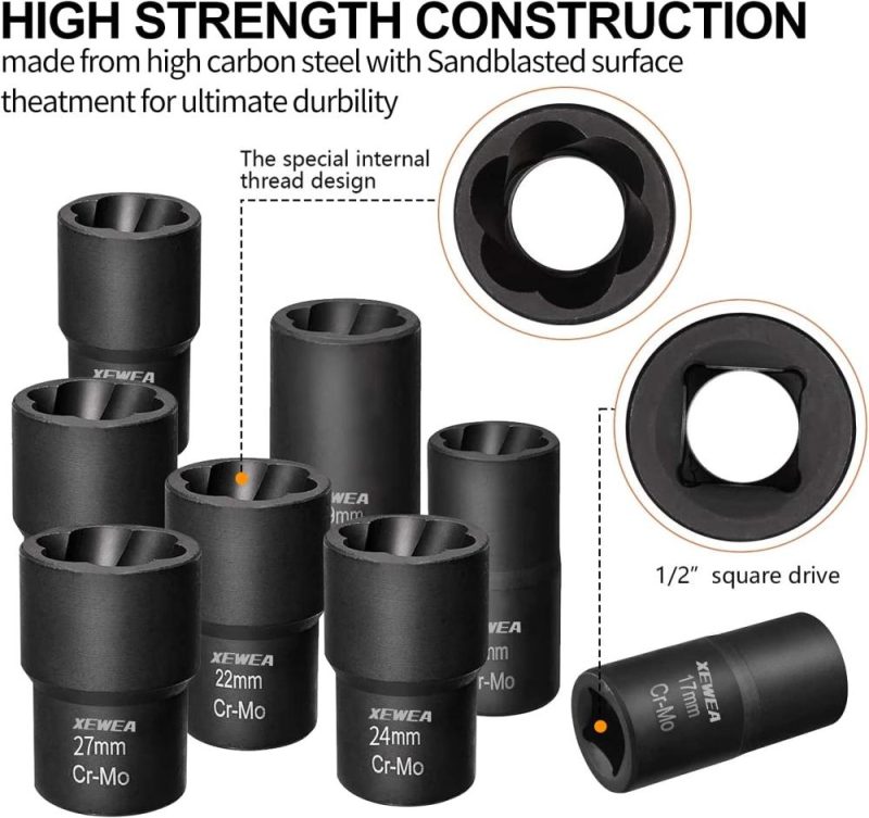 Ensemble d’extracteurs de boulons de roue de 9 pièces, outil de douille à douille à impact de 1/2", kit de retrait de verrou de roue, ensemble d’extracteurs facile pour boulons et écrous endommagés, gelés, rouillés ou arrondis, cadeau pour la fête des pères. | Couples à Douille et Jeux de Clés à Douille