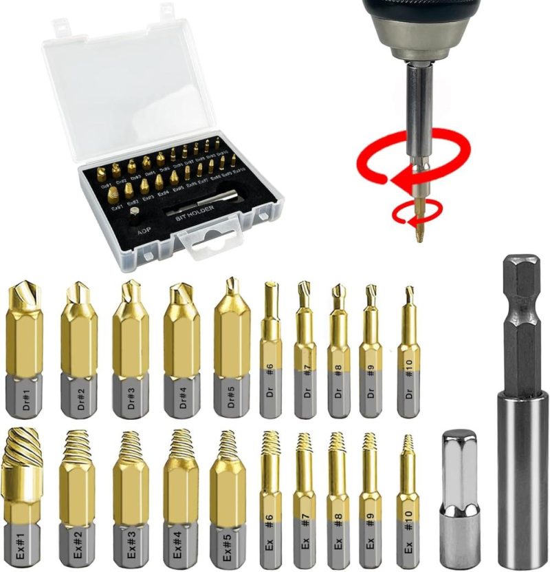 Ensemble d’extracteurs de vis endommagées en titane C&T de 22 pièces, kit d’extracteurs de vis dénudées, porte-embout magnétique et adaptateur de douille, ensemble de retrait HSS polyvalent, retirez facilement et rapidement les vis endommagées. | Extracteurs de Tarauds
