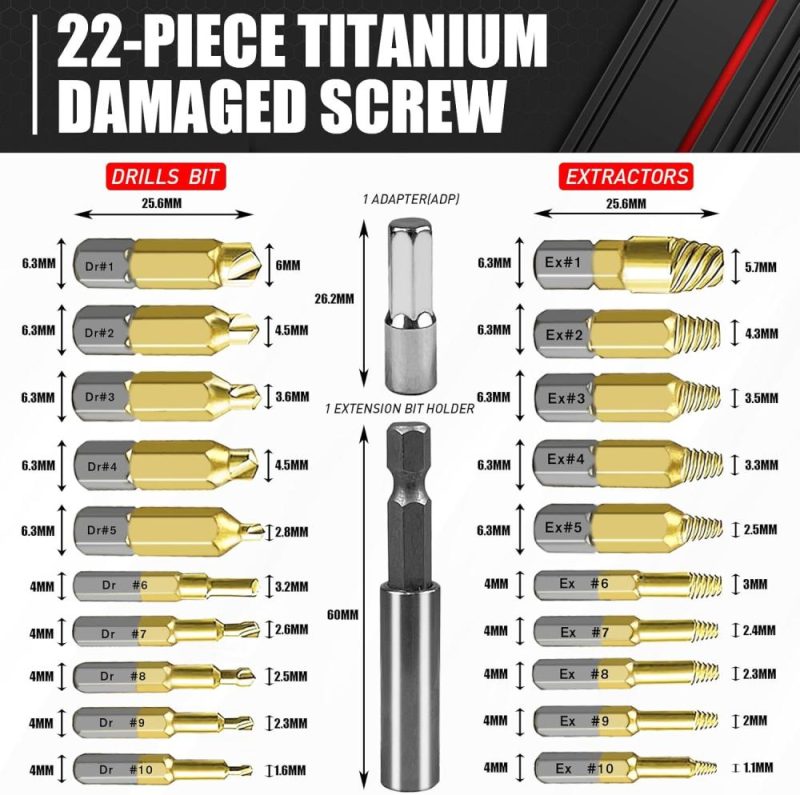 Ensemble d’extracteurs de vis endommagées en titane C&T de 22 pièces, kit d’extracteurs de vis dénudées, porte-embout magnétique et adaptateur de douille, ensemble de retrait HSS polyvalent, retirez facilement et rapidement les vis endommagées. | Extracteurs de Tarauds