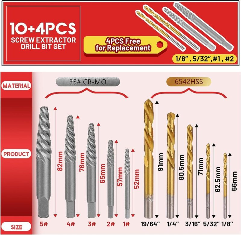 Ensemble d’extracteurs de vis Uyecove de 14 pièces, ensemble de forets à gauche en acier cobalt 35# Cr-Mo et 6542 Hss pour retirer les vis endommagées et les boulons cassés, kit d’extracteurs de boulons cassés. | Extracteurs de Tarauds