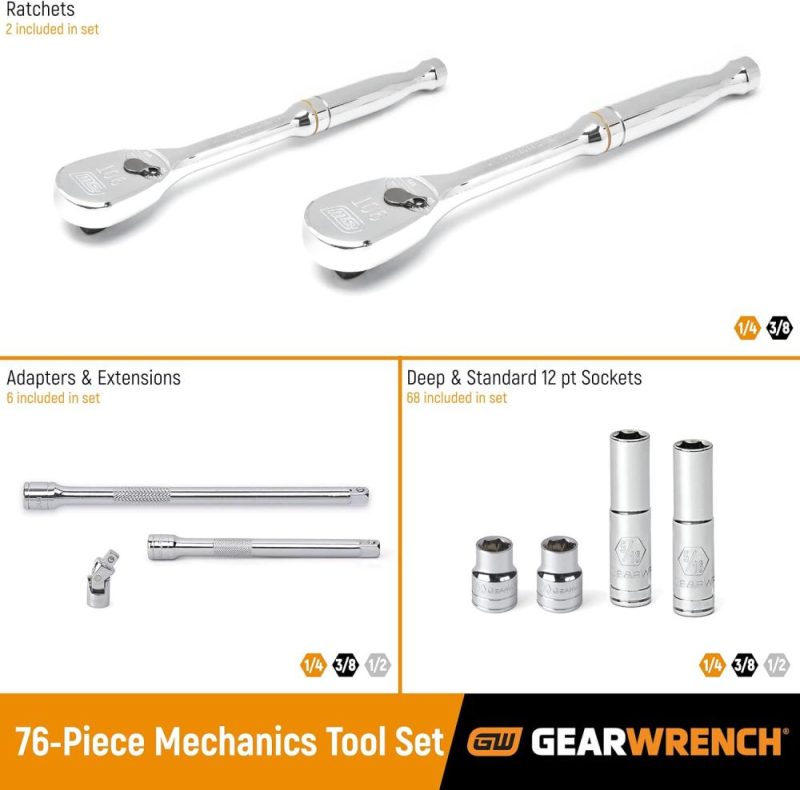 Ensemble d’outils mécaniques standard et profond de 76 pièces, entraînement 1/4" et 3/8", 12 points, SAE/metric – 80948 | Couples à Douille et Jeux de Clés à Douille