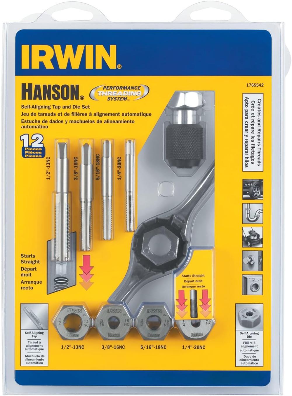 Hanson 1765542 1/4-20 – 1/2-13 Pts Sae Ensemble pour extraction de fil à métaux, 12 pièces | Sets de Tarauds et de Matrices