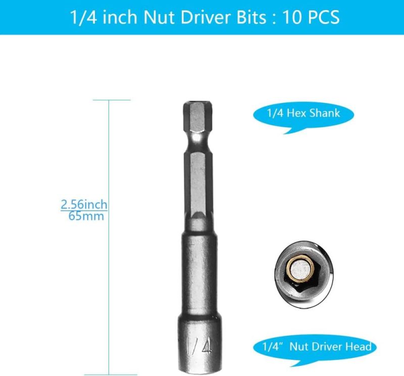 Jeu de 10 embouts de tournevis à écrou 1/4 », adaptateur de conducteur à impact en acier allié avec douille à changement rapide à tige hexagonale de 1/4 pouce (10) | Tourne-écrous