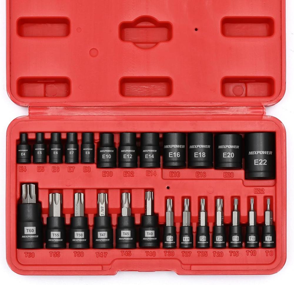 Jeu de 25 pièces de douilles et embouts Torx, 13 embouts étoilés (T8-T60) et 12 douilles E-Torx (E4-E22), jeu de mécanicien professionnel pour automobile et moto. | Douilles à Entraînement Individuel