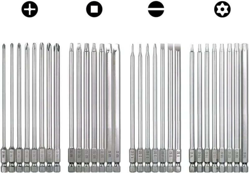 Jeu de 30 pièces de mèches de perceuse magnétiques de 100 mm de long, embouts de tournevis avec tige hexagonale de 1/4 pouce, kit de vis de sécurité en acier S2, outils électriques (embouts fendus + croisés + carrés + Torx). | Verseurs à Embouts Multiples