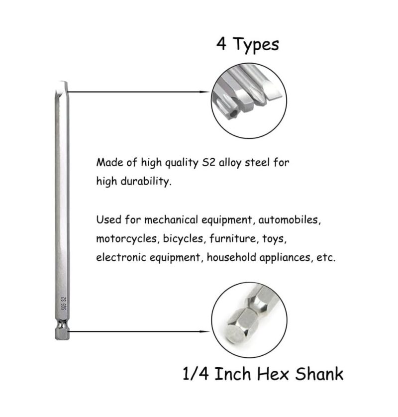 Jeu de 30 pièces de mèches de perceuse magnétiques de 100 mm de long, embouts de tournevis avec tige hexagonale de 1/4 pouce, kit de vis de sécurité en acier S2, outils électriques (embouts fendus + croisés + carrés + Torx). | Verseurs à Embouts Multiples