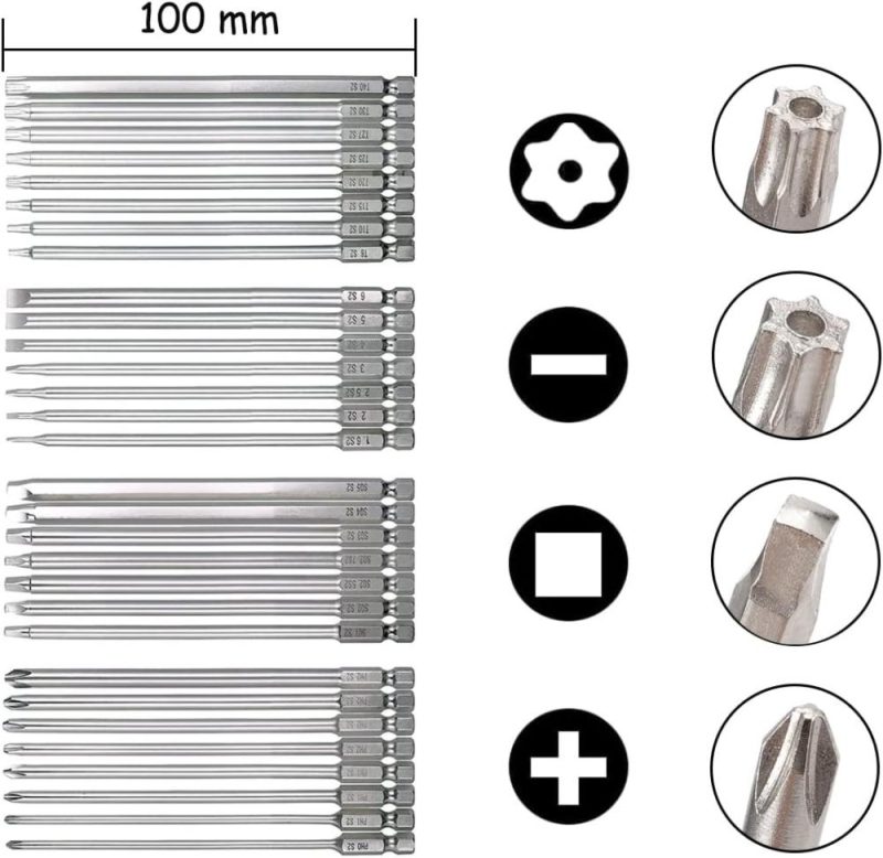 Jeu de 30 pièces de mèches de perceuse magnétiques de 100 mm de long, embouts de tournevis avec tige hexagonale de 1/4 pouce, kit de vis de sécurité en acier S2, outils électriques (embouts fendus + croisés + carrés + Torx). | Verseurs à Embouts Multiples