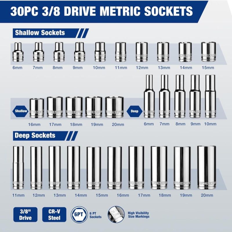 Jeu de 32 pièces de douilles métriques de 3/8 pouces avec cliquet – Comprend 30 douilles métriques profondes et peu profondes, de 6 à 20 mm, avec organisateur magnétique et cliquet réversible à relâchement rapide à 72 dents pour la réparation automobile. | Couples à Douille et Jeux de Clés à Douille