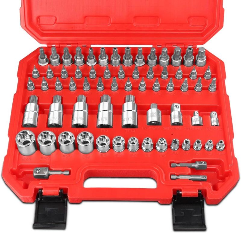 Jeu de 67 pièces de douilles Torx, douilles hexagonales et douilles E-Torx, kit de douilles étoile, acier S2 et Cr-V, entraînement 1/4, 3/8 et 1/2 pouce, E4-E24, T6-T70, Tt6-Tt70, Tp8-Tp60, adaptateur de douille, porte-embouts. | Douilles à Entraînement Individuel