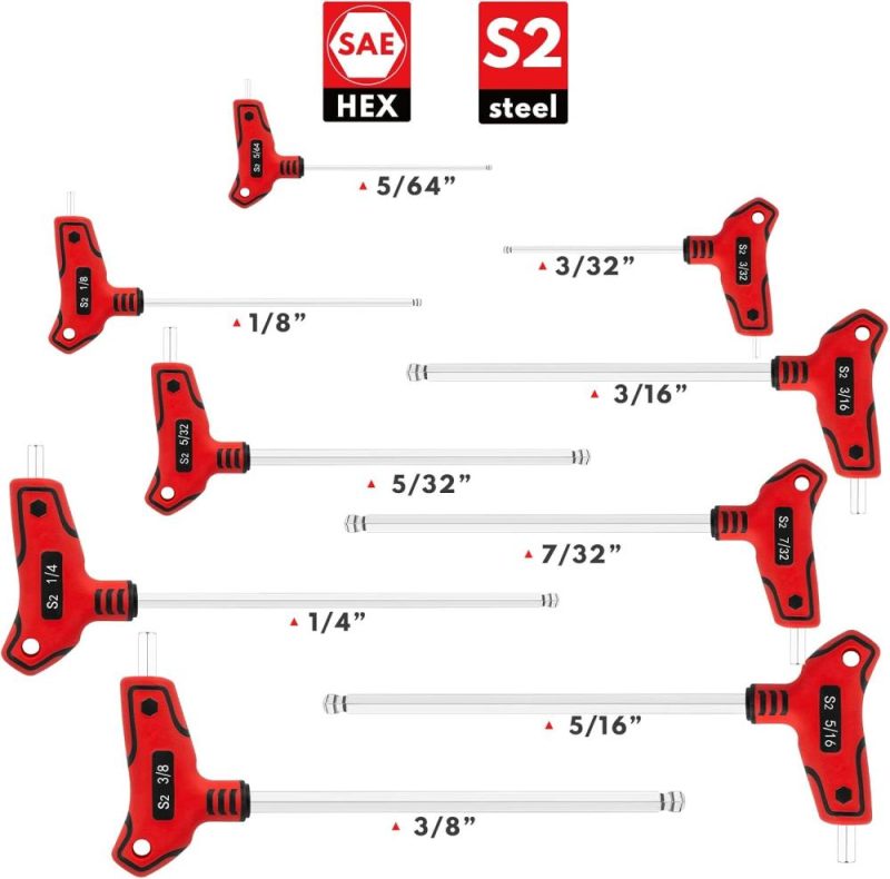 Jeu de 9 clés Allen à poignée en T, jeu de clés hexagonales à poignée en T à extrémité sphérique, SAE 5/64-3/8 pouce, acier S2 | Clé Hexagonale