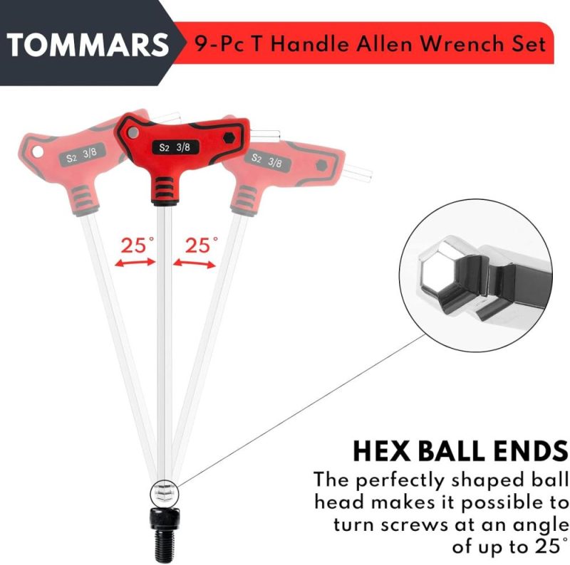 Jeu de 9 clés Allen à poignée en T, jeu de clés hexagonales à poignée en T à extrémité sphérique, SAE 5/64-3/8 pouce, acier S2 | Clé Hexagonale