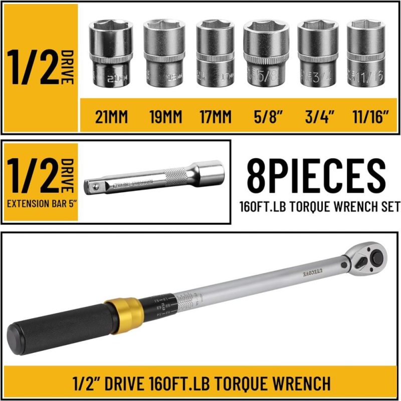 Jeu de clé dynamométrique à cliquet de 1/2 pouce, clé dynamométrique de 10-160 Ft-Lb/13,6-217 Nm avec entraînement de 1/2 pouce, kit de clé dynamométrique de 1/2 pouce avec barre d’extension et jeu de douilles – 8 pièces | Clés Dynamométriques