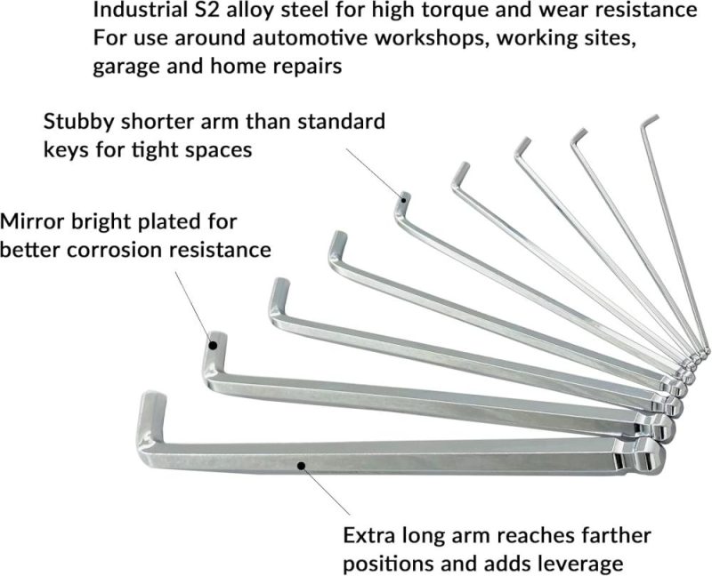 Jeu de clés Allen à boule stubby métriques de 9 pièces, clés hexagonales à bras long en acier S2, tailles de 1,5 mm à 10 mm. | Clé Hexagonale