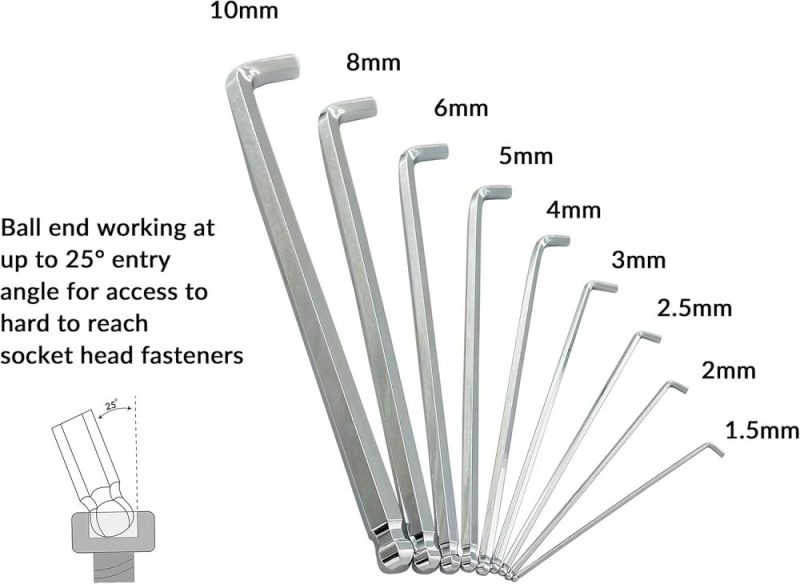 Jeu de clés Allen à boule stubby métriques de 9 pièces, clés hexagonales à bras long en acier S2, tailles de 1,5 mm à 10 mm. | Clé Hexagonale