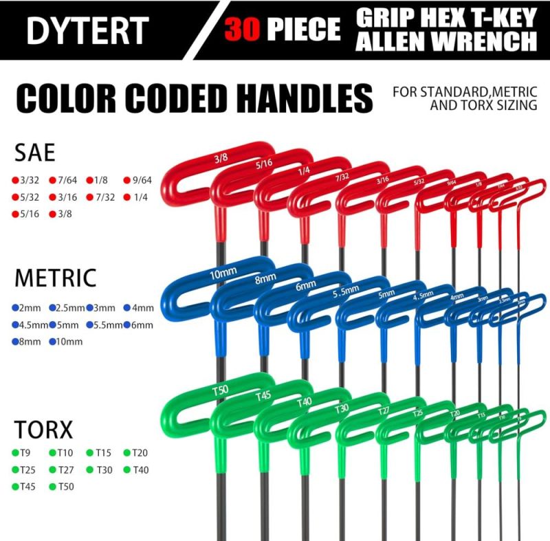 Jeu de clés Allen T en 30 pièces avec métrique (2-10 mm) et pouce (3/32-3/8) et Torx (T9-T50), clés hexagonales Allen, 7,4 pouces de long, poignée rembourrée. | Clé Hexagonale